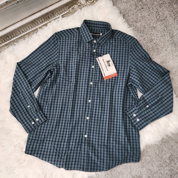 Banded Check Hustle Performance Shirt Navy Green Check. Long sleeve. Size Large. - Picture 1 of 9